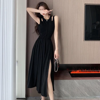 Черное длинное женское тонкое летнее платье, однотонные сексуальные платья