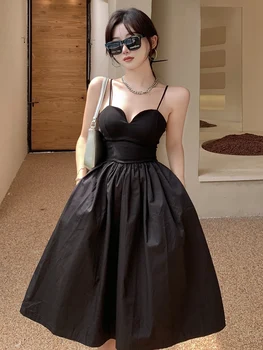 Элегантное женское платье на бретельках, сексуальные темпераментные платья трапециевидной формы с открытой спиной, французский стиль, черная праздничная одежда с высокой талией