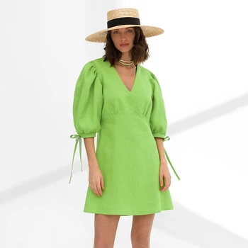 Элегантное зеленое платье с коротким рукавом для женщин, модное летнее платье с V-образным вырезом 2023 года, клубные наряды для вечеринок, повседневное платье трапециевидной формы