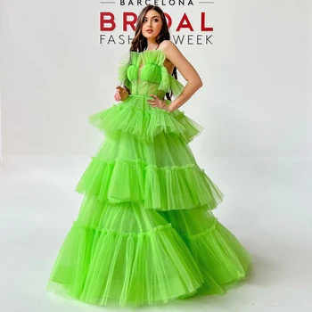 Эффектные неоново-зеленые пышные длинные платья макси из тюля для мероприятия, красивые женские платья для дня рождения из тюля-пачки цвета фуксии