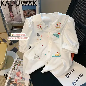 Японская блузка Kawaii Женская Милая Кружевная Лоскутная рубашка с воротником 