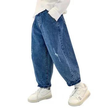 Детские Джинсы для мальчиков, синие джинсовые брюки с эластичной резинкой на талии, детская одежда 5, 6, 7, 8, 10, 11, 12, 13, 14 лет, свободные повседневные брюки для мальчиков