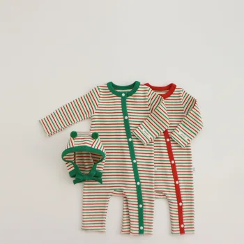 Рождественская одежда 2023 года Полосатый комбинезон Для маленьких мальчиков, комбинезоны со шляпой Контрастного цвета, круглый вырез, длинный рукав, цельный комплект
